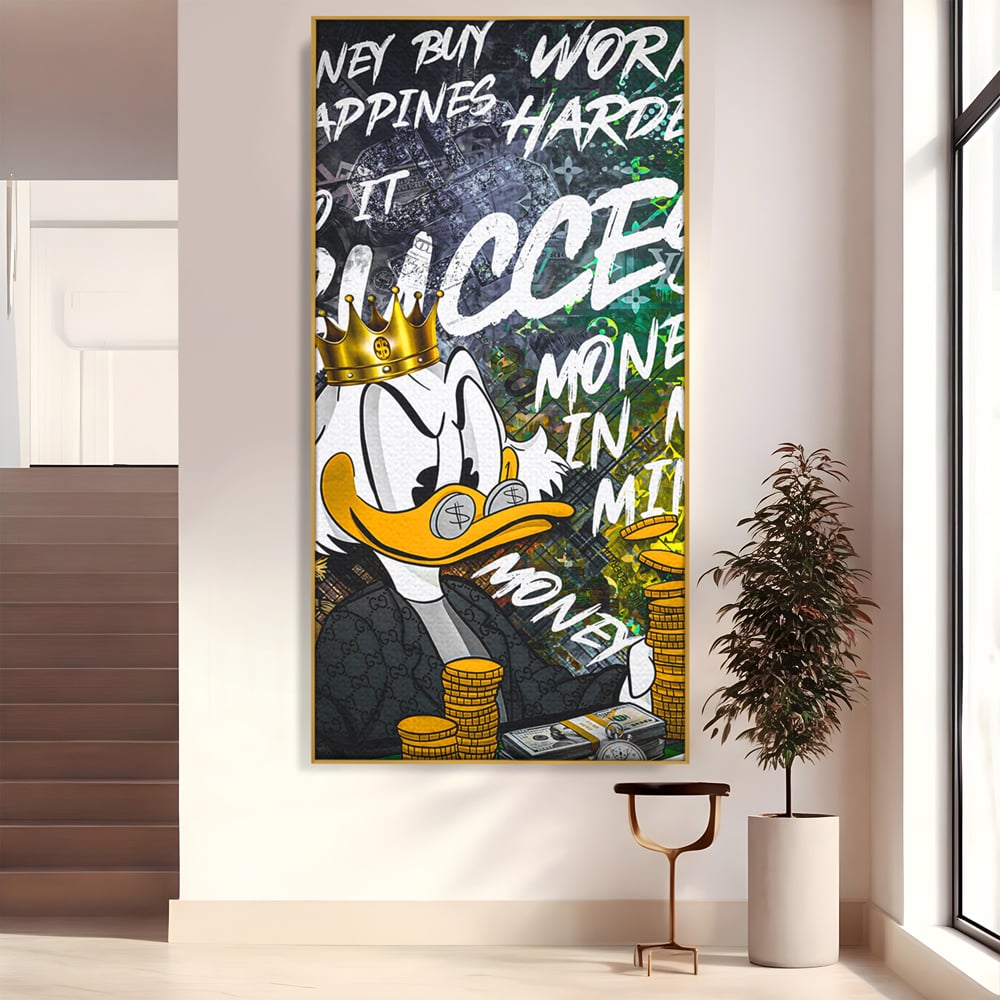 Tablou canvas cu tablou canvas cu rata stilizata si bani, in rama de aluminiu auriu